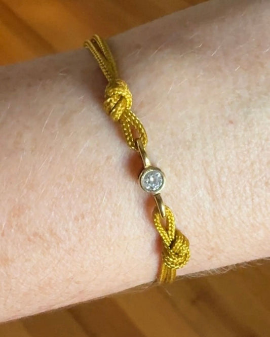 Joy Beat bracelet with certified lab-grown diamond and mustard adjustable double cord, EIEN jewelry.